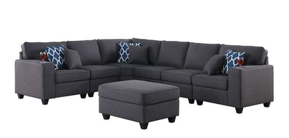 Lilola Home - Cooper Dark Gray Linen 7Pc Reversible L-Shape Sectional Sofa with Ottoman and Cupholder - 89132-2A veiw 1