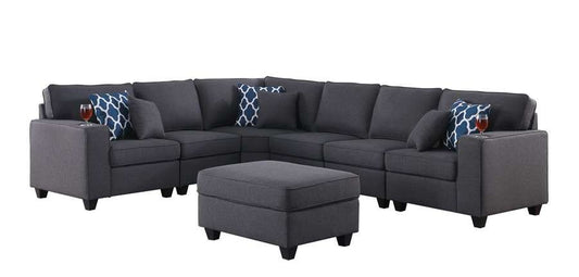 Lilola Home - Cooper Dark Gray Linen 7Pc Reversible L-Shape Sectional Sofa with Ottoman and Cupholder - 89132-2A veiw 1