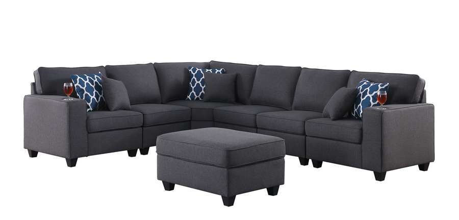 Lilola Home - Cooper Dark Gray Linen 7Pc Reversible L-Shape Sectional Sofa with Ottoman and Cupholder - 89132-2A veiw 2