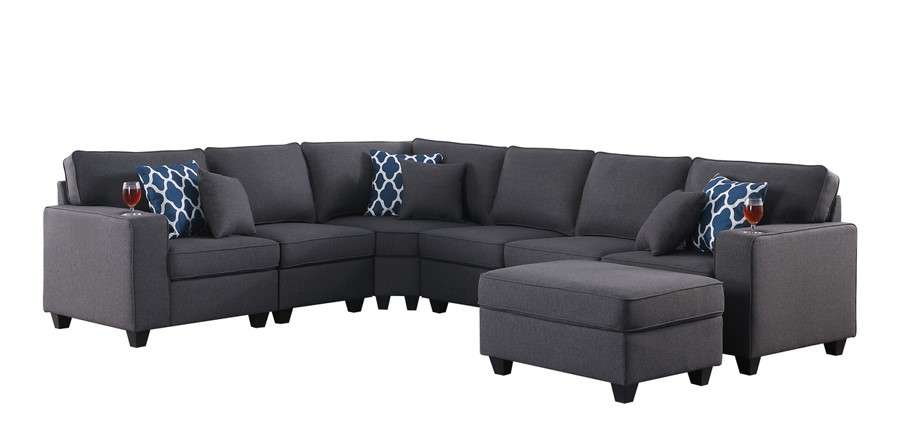 Lilola Home - Cooper Dark Gray Linen 7Pc Reversible L-Shape Sectional Sofa with Ottoman and Cupholder - 89132-2B veiw 1