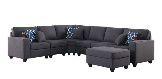 Lilola Home - Cooper Dark Gray Linen 7Pc Reversible L-Shape Sectional Sofa with Ottoman and Cupholder - 89132-2B veiw 1