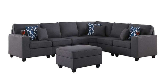 Lilola Home - Cooper Dark Gray Linen 7Pc Reversible L-Shape Sectional Sofa with Ottoman and Cupholder - 89132-2C veiw 1