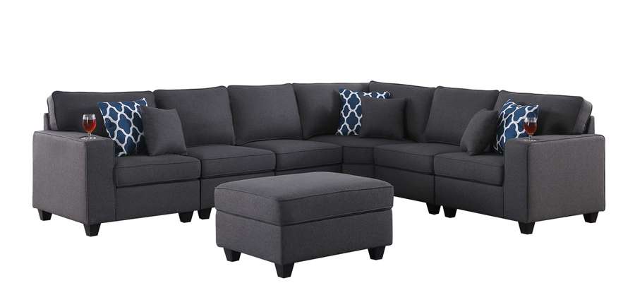 Lilola Home - Cooper Dark Gray Linen 7Pc Reversible L-Shape Sectional Sofa with Ottoman and Cupholder - 89132-2C veiw 2