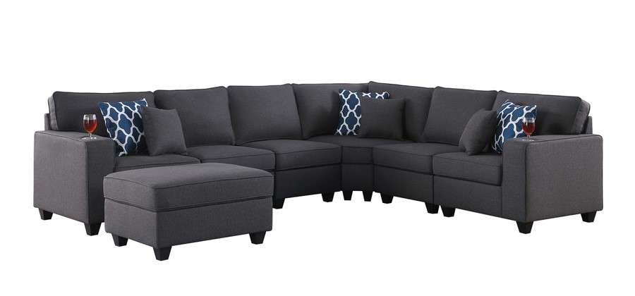 Lilola Home - Cooper Dark Gray Linen 7Pc Reversible L-Shape Sectional Sofa with Ottoman and Cupholder - 89132-2D veiw 1