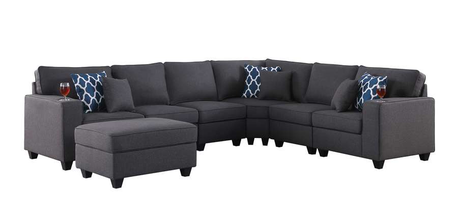 Lilola Home - Cooper Dark Gray Linen 7Pc Reversible L-Shape Sectional Sofa with Ottoman and Cupholder - 89132-2D veiw 2