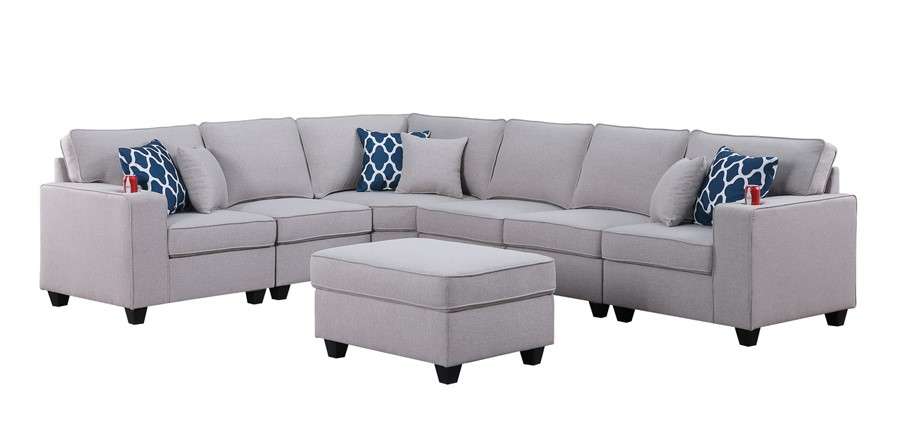 Lilola Home - Cooper Light Gray Linen 7Pc Reversible L-Shape Sectional Sofa with Ottoman and Cupholder - 89131-2A veiw 1