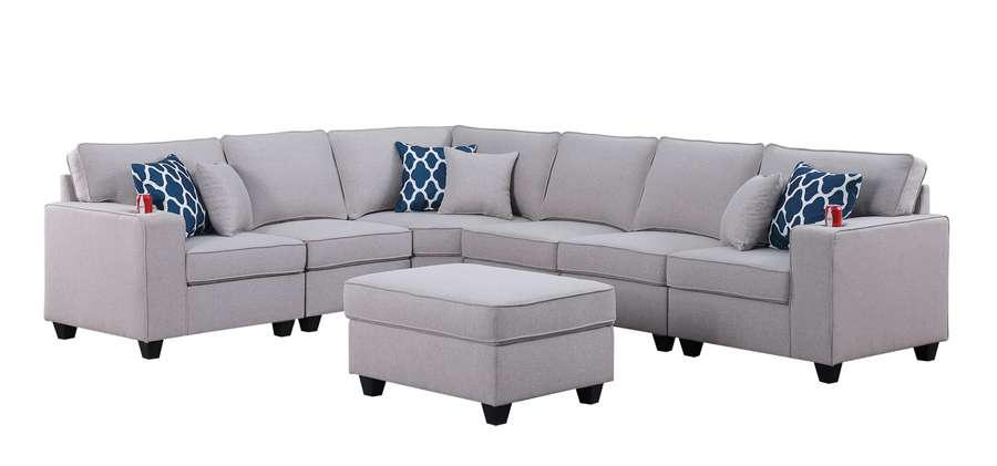 Lilola Home - Cooper Light Gray Linen 7Pc Reversible L-Shape Sectional Sofa with Ottoman and Cupholder - 89131-2A veiw 2