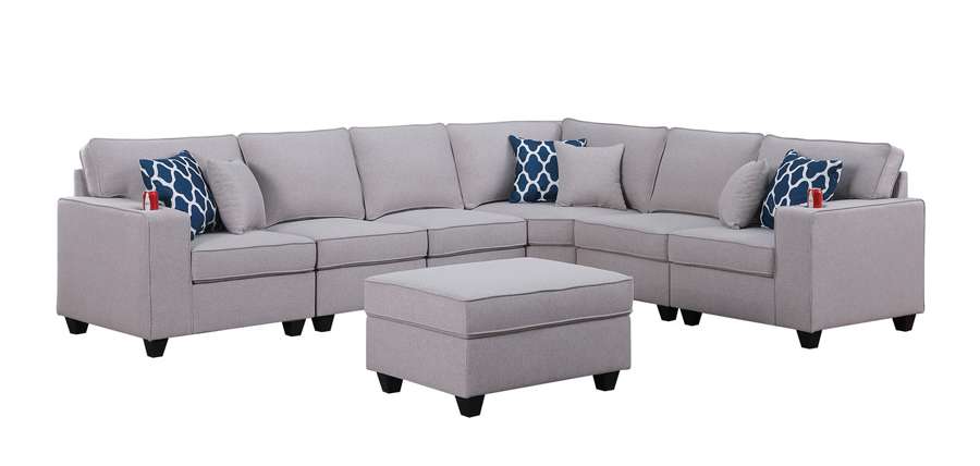 Lilola Home - Cooper Light Gray Linen 7Pc Reversible L-Shape Sectional Sofa with Ottoman and Cupholder - 89131-2C veiw 2
