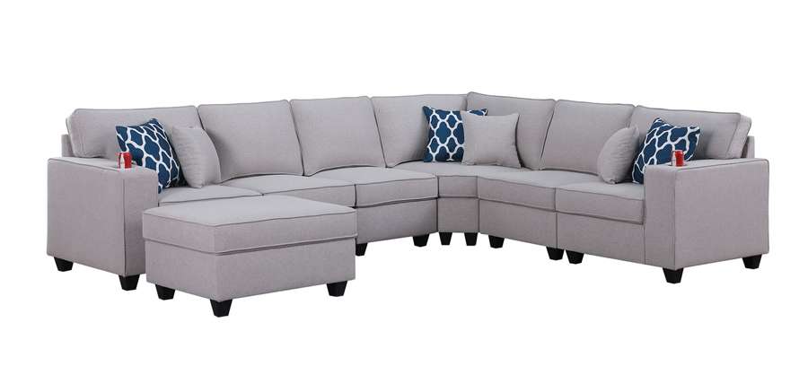 Lilola Home - Cooper Light Gray Linen 7Pc Reversible L-Shape Sectional Sofa with Ottoman and Cupholder - 89131-2D veiw 2