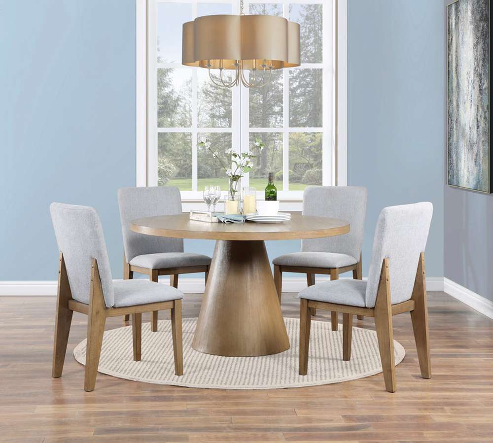 Lilola Home - Delphine - 5 Piece Round Oak Finish Dining Table Set with Gray Chairs - 30020-SET veiw 1
