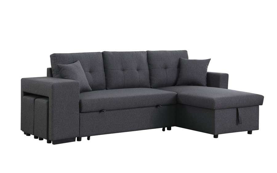 Lilola Home - Dennis Dark Gray Linen Fabric Reversible Sleeper Sectional with Storage Chaise and 2 Stools - 81365 veiw 1