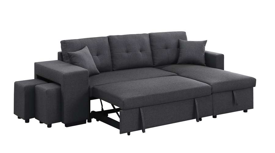 Lilola Home - Dennis Dark Gray Linen Fabric Reversible Sleeper Sectional with Storage Chaise and 2 Stools - 81365 veiw 3