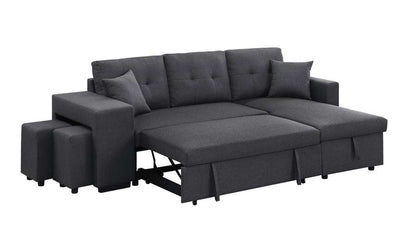 Lilola Home - Dennis Dark Gray Linen Fabric Reversible Sleeper Sectional with Storage Chaise and 2 Stools - 81365 veiw 3