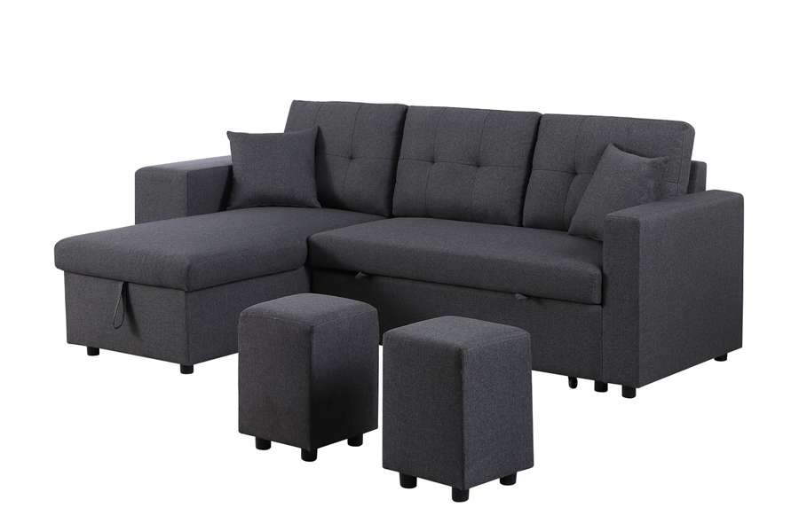 Lilola Home - Dennis Dark Gray Linen Fabric Reversible Sleeper Sectional with Storage Chaise and 2 Stools - 81365 veiw 4