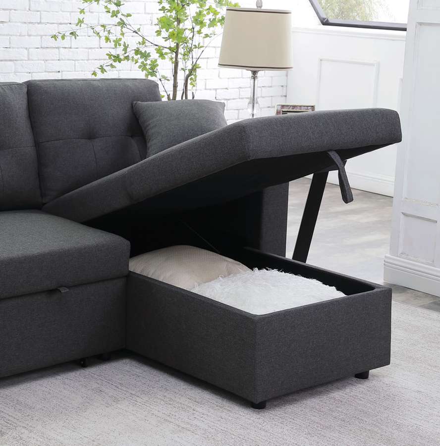 Lilola Home - Dennis Dark Gray Linen Fabric Reversible Sleeper Sectional with Storage Chaise and 2 Stools - 81365 veiw 5