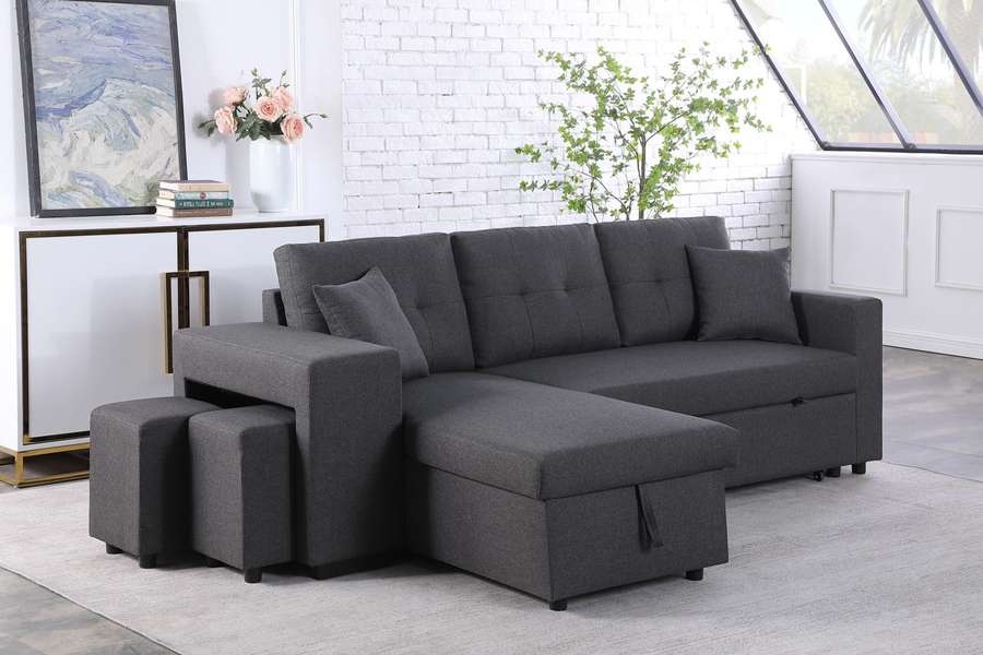 Lilola Home - Dennis Dark Gray Linen Fabric Reversible Sleeper Sectional with Storage Chaise and 2 Stools - 81365 veiw 6