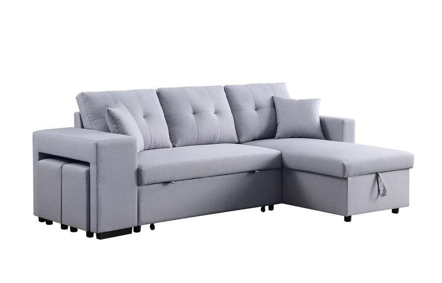 Lilola Home - Dennis Light Gray Linen Fabric Reversible Sleeper Sectional with Storage Chaise and 2 Stools - 81366 veiw 1