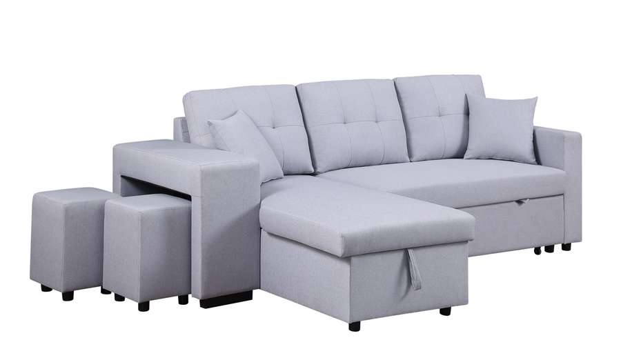 Lilola Home - Dennis Light Gray Linen Fabric Reversible Sleeper Sectional with Storage Chaise and 2 Stools - 81366 veiw 2