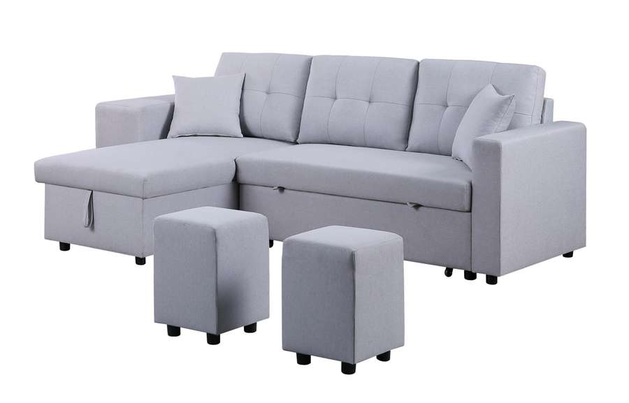 Lilola Home - Dennis Light Gray Linen Fabric Reversible Sleeper Sectional with Storage Chaise and 2 Stools - 81366 veiw 4