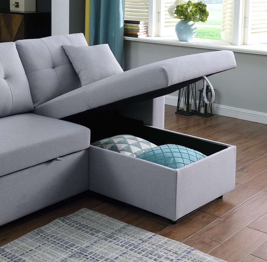 Lilola Home - Dennis Light Gray Linen Fabric Reversible Sleeper Sectional with Storage Chaise and 2 Stools - 81366 veiw 5