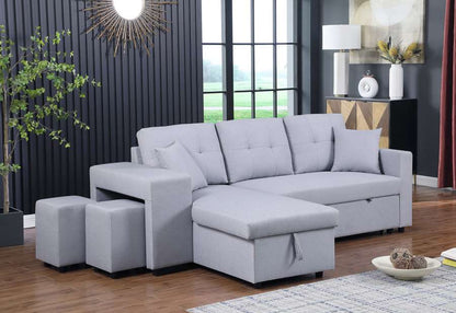 Lilola Home - Dennis Light Gray Linen Fabric Reversible Sleeper Sectional with Storage Chaise and 2 Stools - 81366 veiw 6