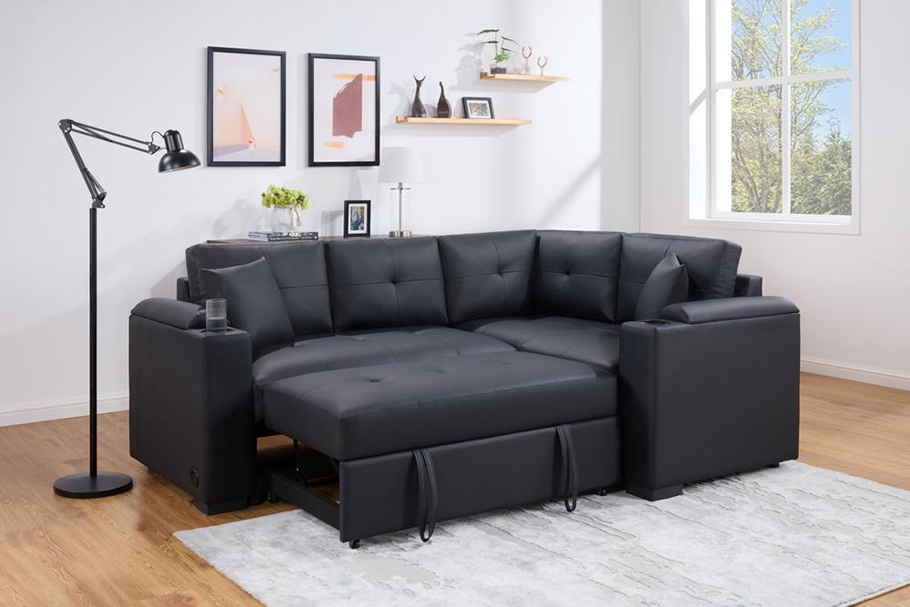 Lilola Home - Donovan 84.5inW Black PVC Fabric Sleeper Sectional with USB Charger, Cupholders, Storage Arms in Black - 89308 veiw 1