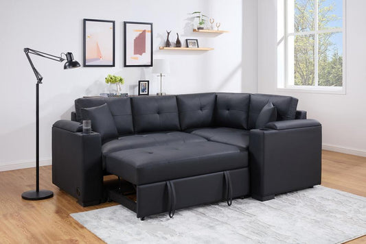 Lilola Home - Donovan 84.5inW Black PVC Fabric Sleeper Sectional with USB Charger, Cupholders, Storage Arms in Black - 89308 veiw 1