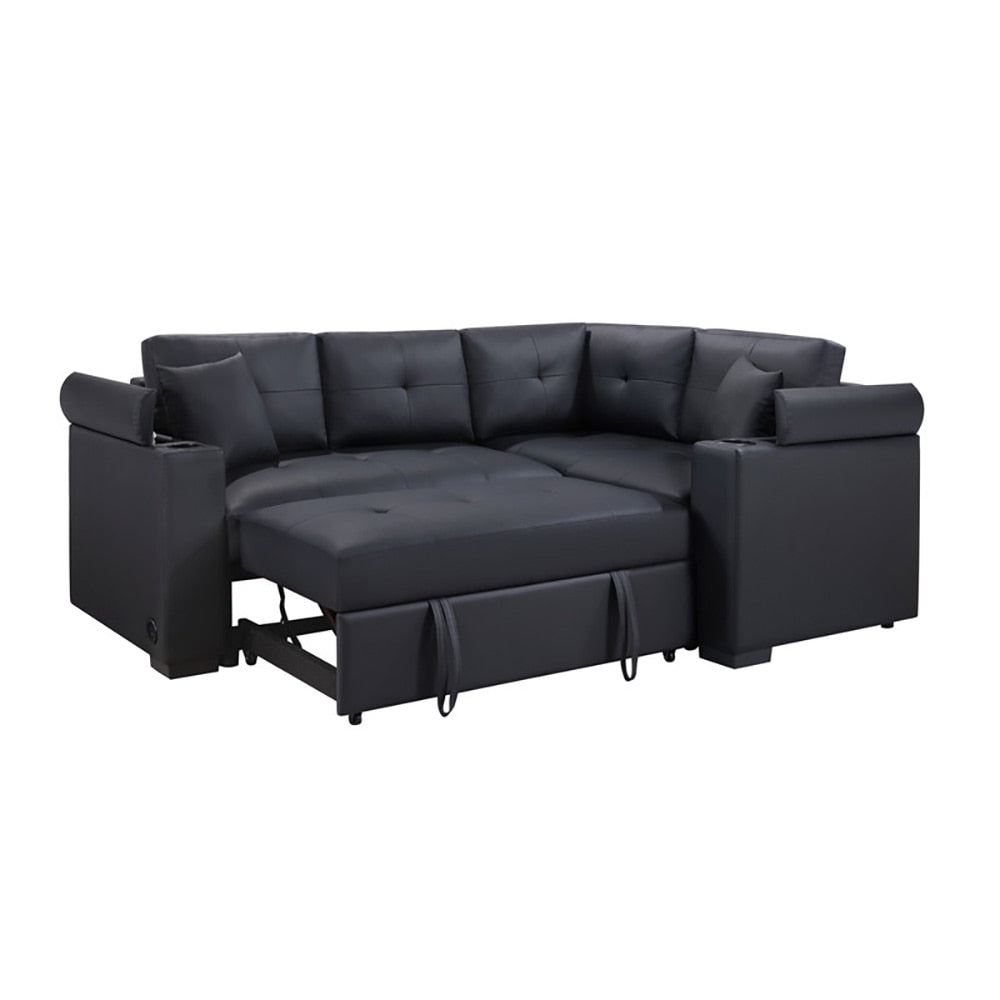 Lilola Home - Donovan 84.5inW Black PVC Fabric Sleeper Sectional with USB Charger, Cupholders, Storage Arms in Black - 89308 veiw 2