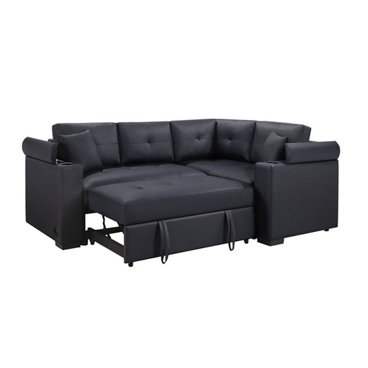 Lilola Home - Donovan 84.5inW Black PVC Fabric Sleeper Sectional with USB Charger, Cupholders, Storage Arms in Black - 89308 veiw 2