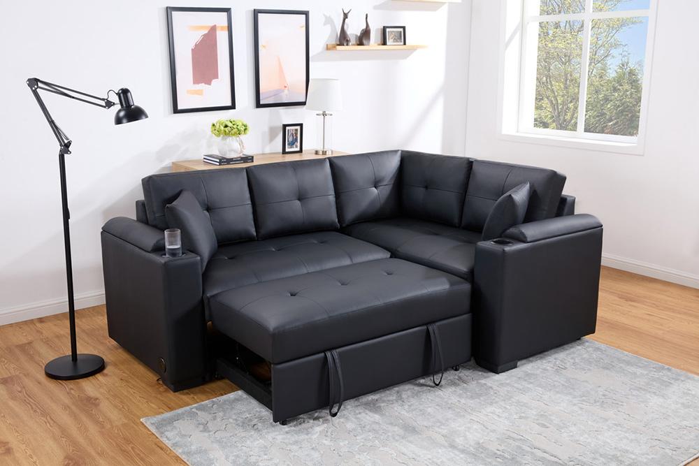 Lilola Home - Donovan 84.5inW Black PVC Fabric Sleeper Sectional with USB Charger, Cupholders, Storage Arms in Black - 89308 veiw 3