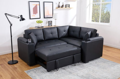 Lilola Home - Donovan 84.5inW Black PVC Fabric Sleeper Sectional with USB Charger, Cupholders, Storage Arms in Black - 89308 veiw 3