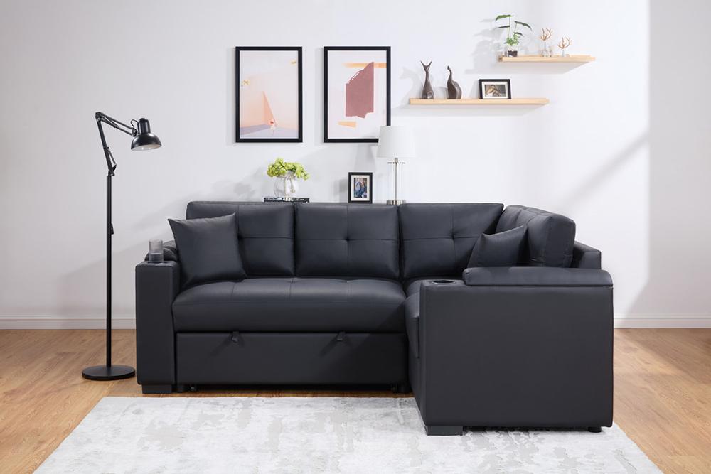 Lilola Home - Donovan 84.5inW Black PVC Fabric Sleeper Sectional with USB Charger, Cupholders, Storage Arms in Black - 89308 veiw 4