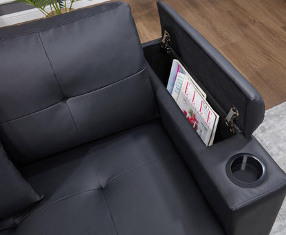 Lilola Home - Donovan 84.5inW Black PVC Fabric Sleeper Sectional with USB Charger, Cupholders, Storage Arms in Black - 89308 veiw 5