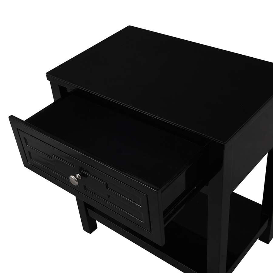 Lilola Home - Dylan Black Wooden End Side Table Nightstand with Glass Top and Drawer - 98003BK veiw 5