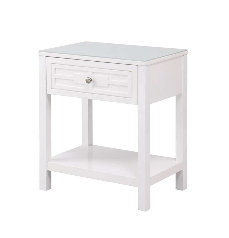 Lilola Home - Dylan White Wooden End Side Table Nightstand with Glass Top and Drawer - 98003WT veiw 1