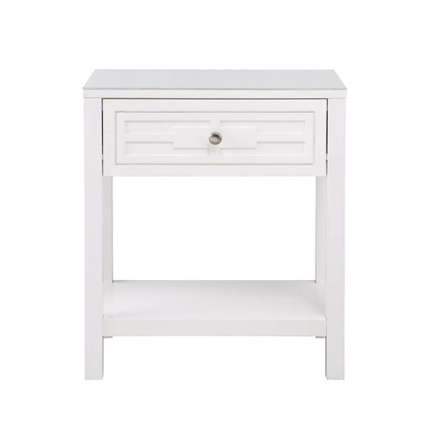 Lilola Home - Dylan White Wooden End Side Table Nightstand with Glass Top and Drawer - 98003WT veiw 2