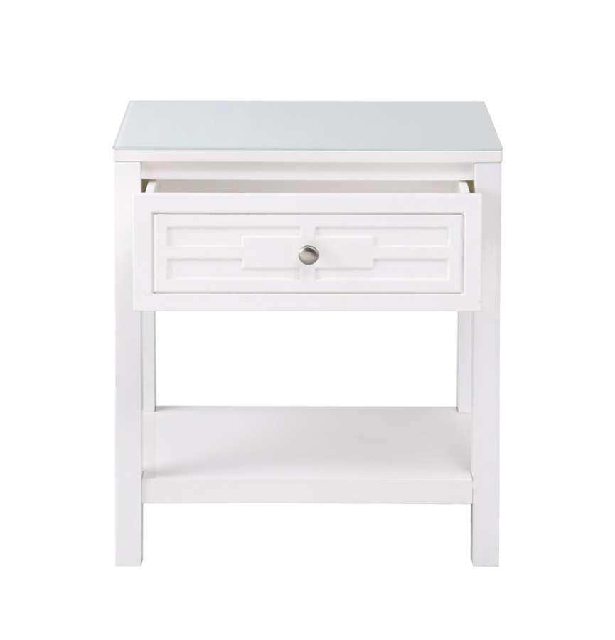 Lilola Home - Dylan White Wooden End Side Table Nightstand with Glass Top and Drawer - 98003WT veiw 3