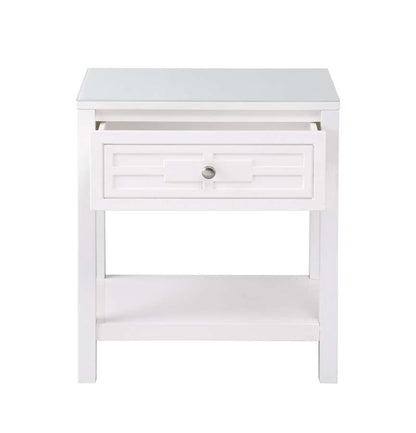 Lilola Home - Dylan White Wooden End Side Table Nightstand with Glass Top and Drawer - 98003WT veiw 3