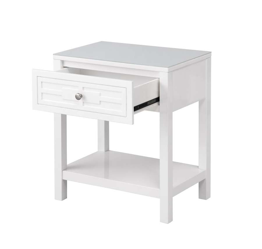 Lilola Home - Dylan White Wooden End Side Table Nightstand with Glass Top and Drawer - 98003WT veiw 4