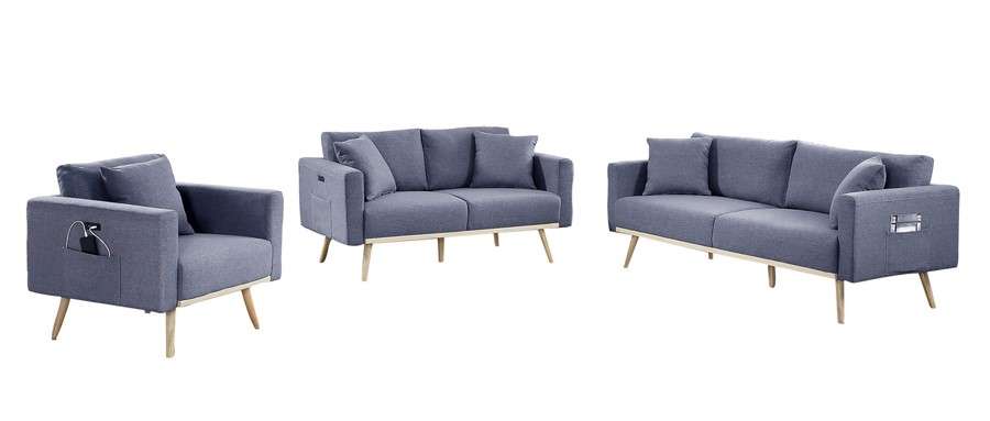 Lilola Home - Easton Dark Gray Linen Fabric Sofa Loveseat Chair Living Room Set with USB Charging Ports Pockets & Pillows - 81370 veiw 1