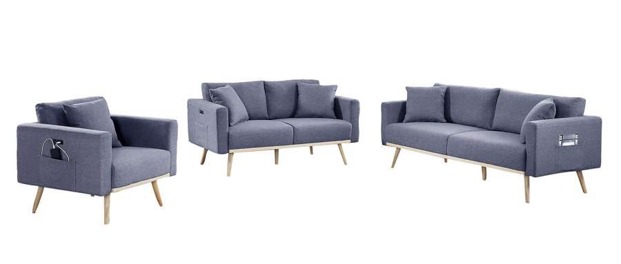 Lilola Home - Easton Dark Gray Linen Fabric Sofa Loveseat Chair Living Room Set with USB Charging Ports Pockets & Pillows - 81370 veiw 2