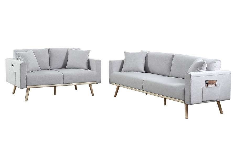 Lilola Home - Easton Light Gray Linen Fabric Sofa Loveseat Living Room Set with USB Charging Ports Pockets & Pillows - 81370LG-SL veiw 1