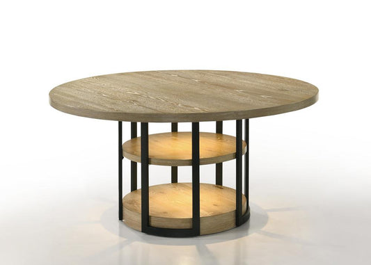 Lilola Home - Eden 59in Round Rustic Oak Dining Table with LED Light, Black Metal Frame, Shelves - 30045 veiw 1