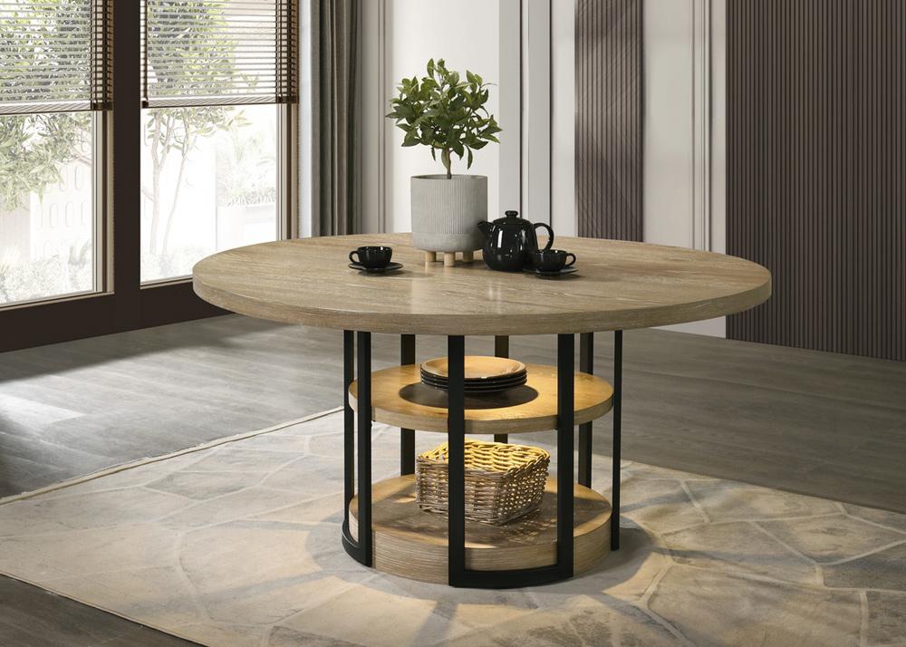 Lilola Home - Eden 59in Round Rustic Oak Dining Table with LED Light, Black Metal Frame, Shelves - 30045 veiw 2