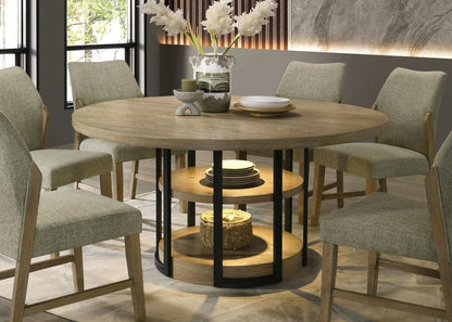 Lilola Home - Eden 59in Round Rustic Oak Dining Table with LED Light, Black Metal Frame, Shelves - 30045 veiw 3