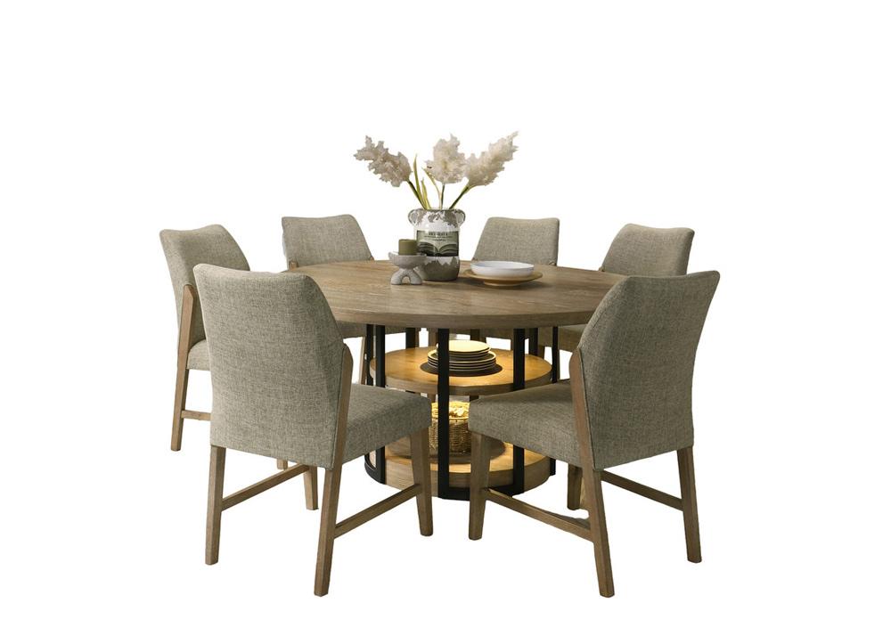 Lilola Home - Eden 7Pc 59in Round Rustic Oak Dining Set with LED Light, Black Metal Table Frame, Shelves, Beige Linen Chairs - 30045-1 veiw 1