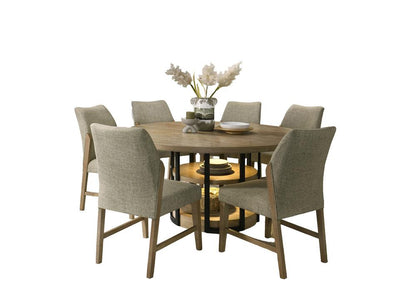 Lilola Home - Eden 7Pc 59in Round Rustic Oak Dining Set with LED Light, Black Metal Table Frame, Shelves, Beige Linen Chairs - 30045-1 veiw 1