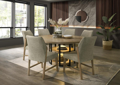Lilola Home - Eden 7Pc 59in Round Rustic Oak Dining Set with LED Light, Black Metal Table Frame, Shelves, Beige Linen Chairs - 30045-1 veiw 2