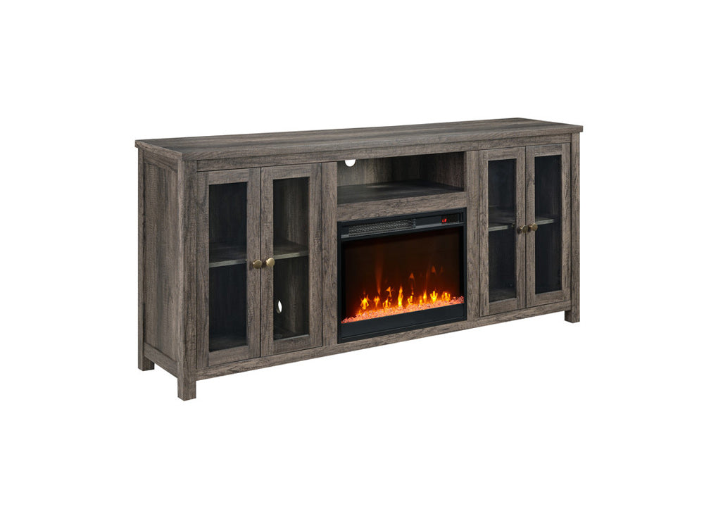 Lilola Home - Ellington 70"W Gray Walnut Finish Fireplace TV Stand Console with Heater, LED Light, Cabinets, Shelves - 97040