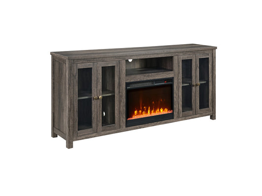 Lilola Home - Ellington 70"W Gray Walnut Finish Fireplace TV Stand Console with Heater, LED Light, Cabinets, Shelves - 97040